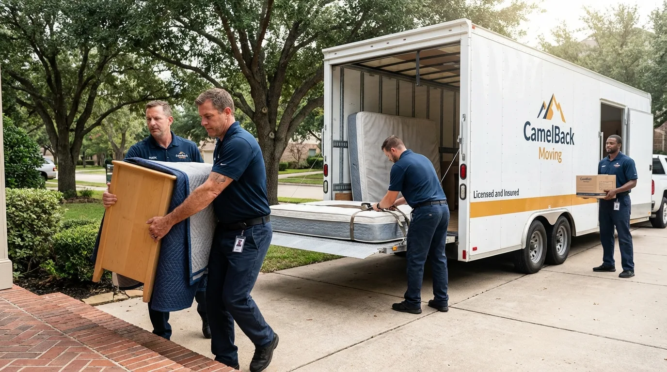 Crew loading residential truck for cross-state move from Refugio, TX