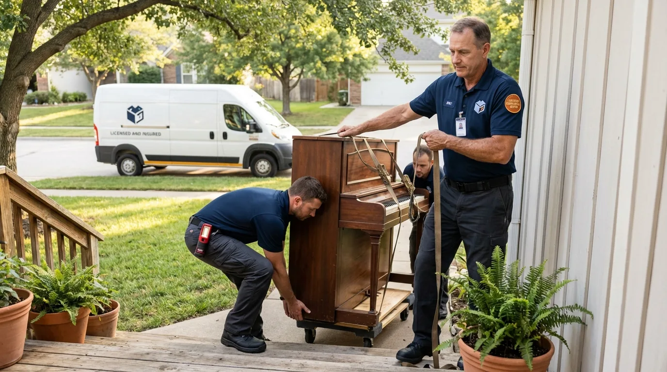 Licensed piano movers securing grand piano in Refugio, TX