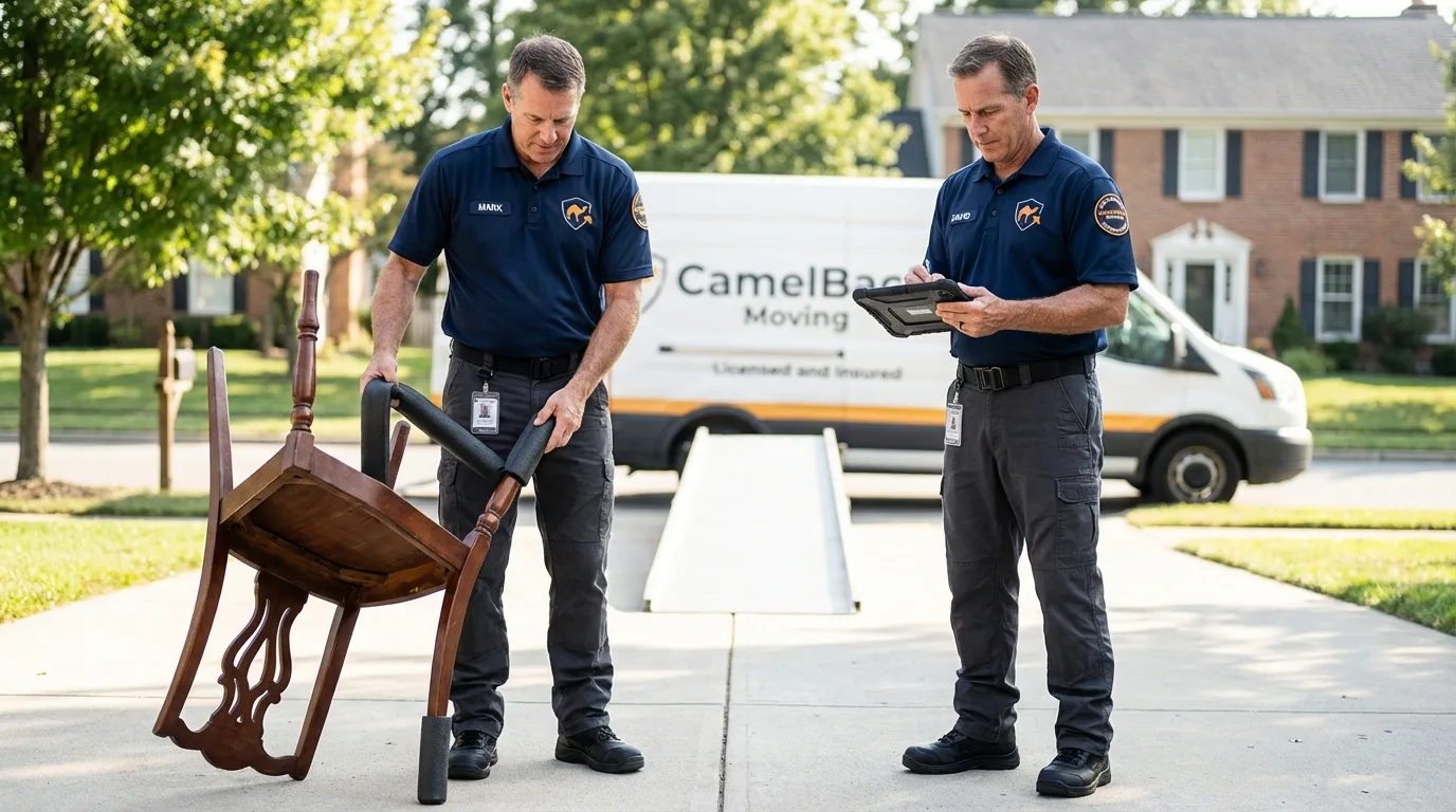 Movers inspecting furniture for damage prevention before loading in Refugio, TX