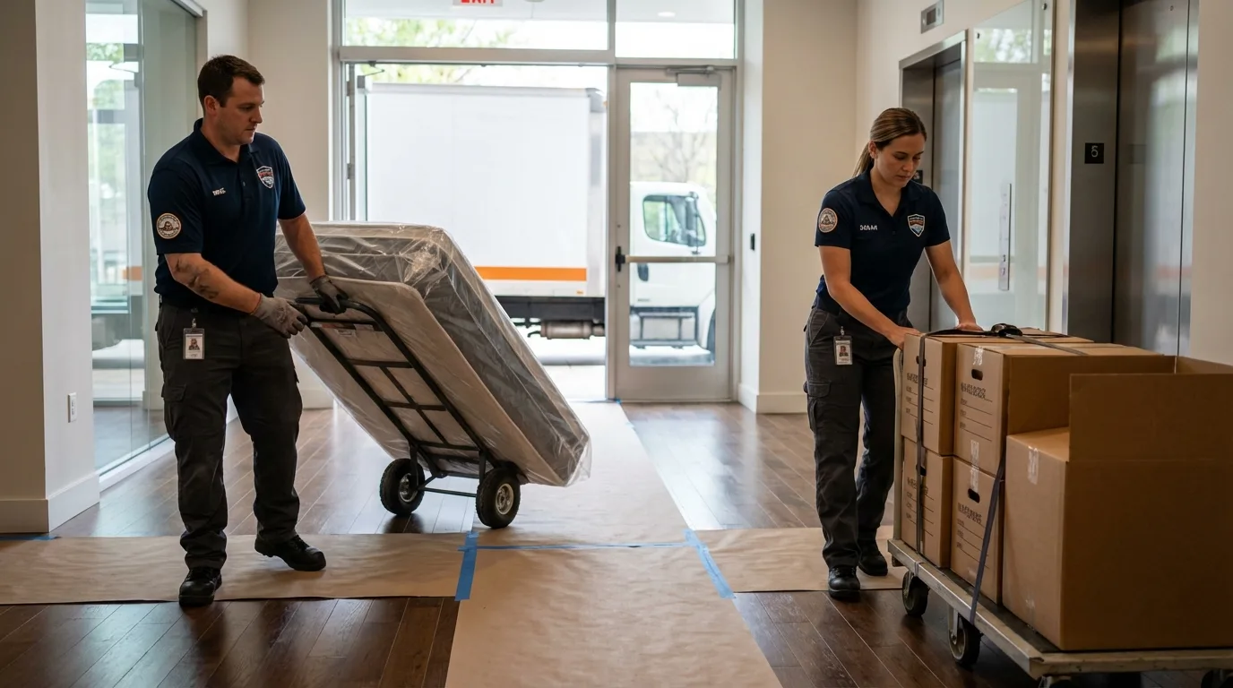 Professional apartment movers loading elevator in Refugio, TX