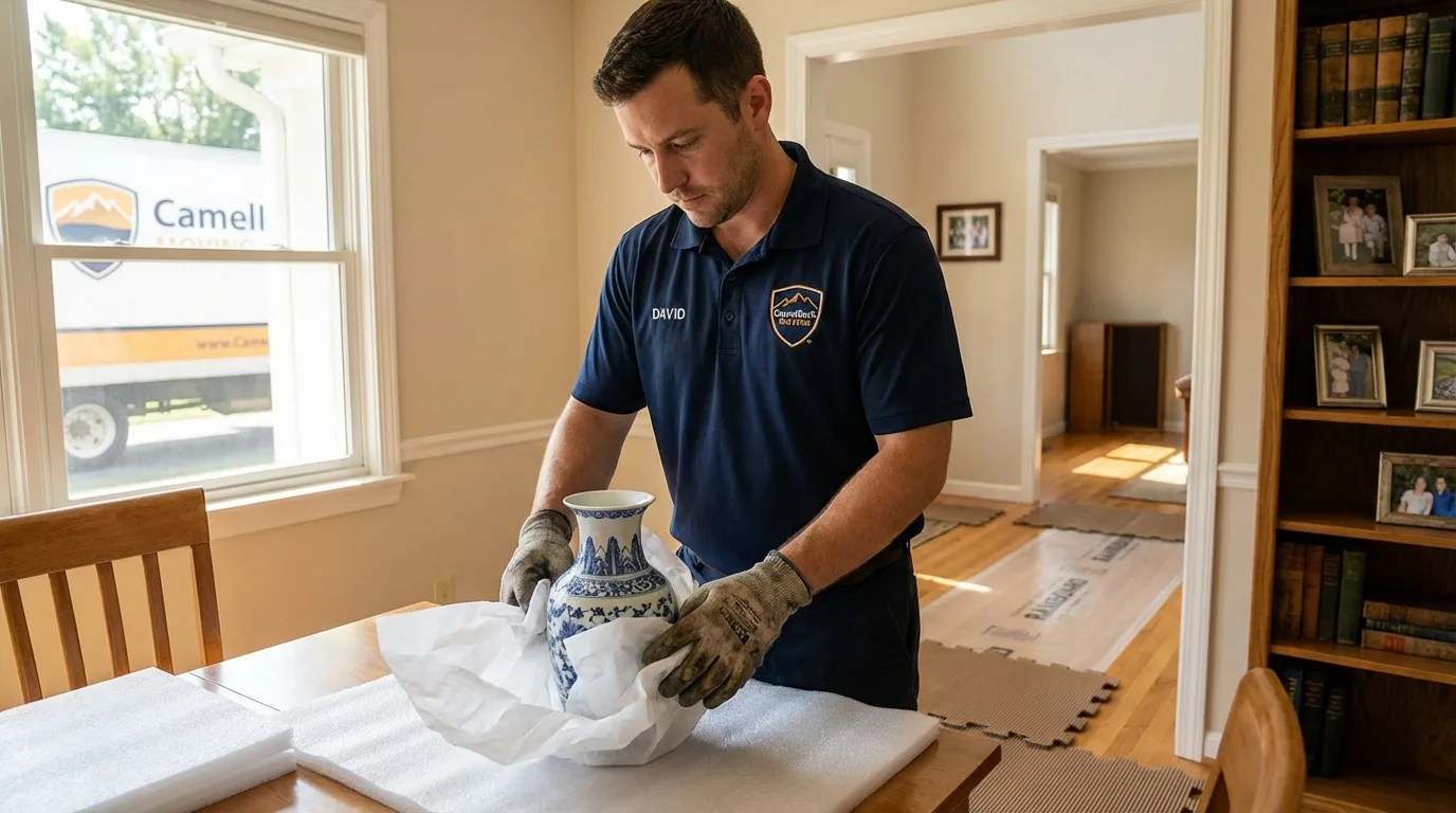 Professional crew carefully wrapping antique vase for senior downsizing move in Refugio, TX